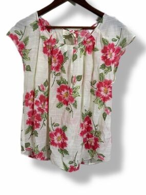 LC Lauren Conrad Floral Blouse Pink Rose Hibiscus Style Tie Neck Top S